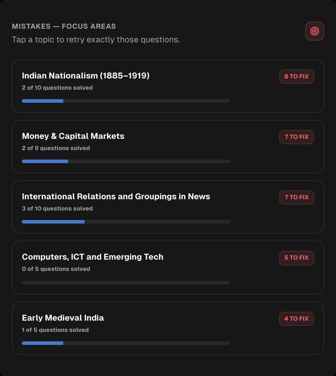 Mistakes focus areas dashboard preview