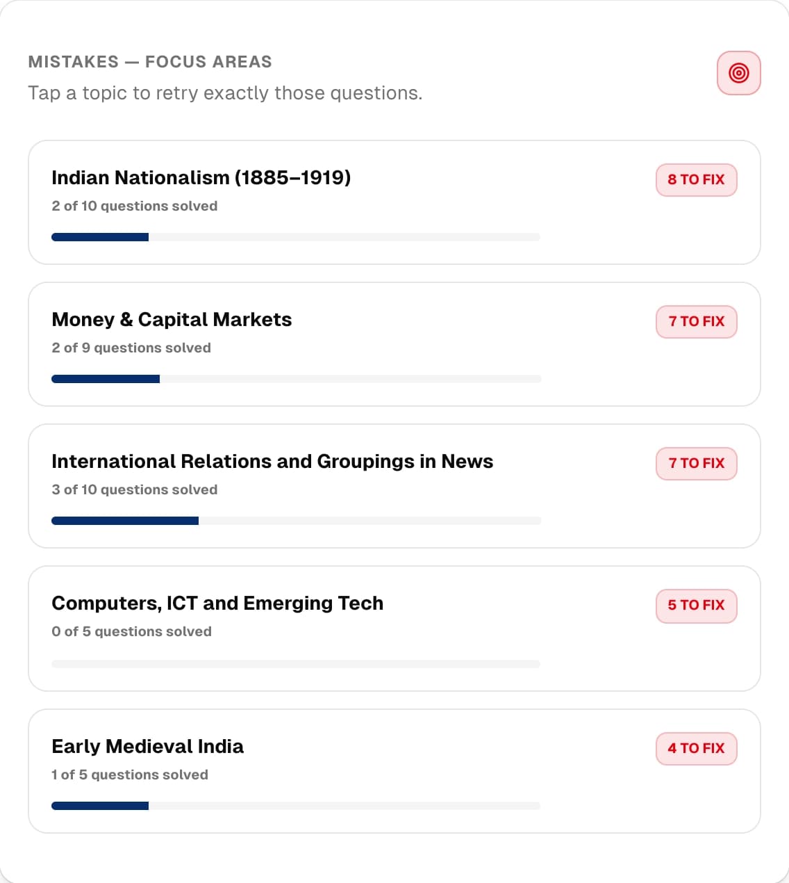 Mistakes focus areas dashboard preview